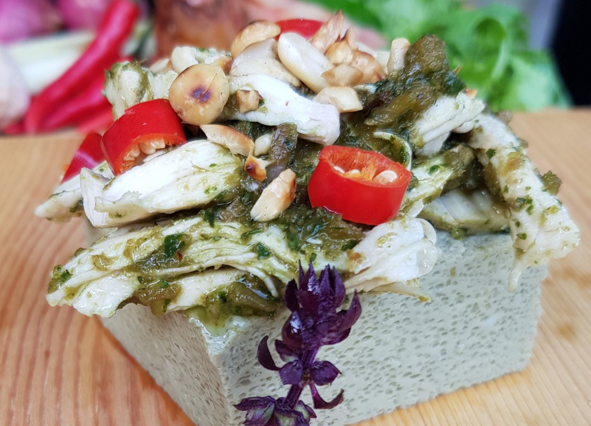 Homemade Green Curry Tofu served with Thai Chicken Salad